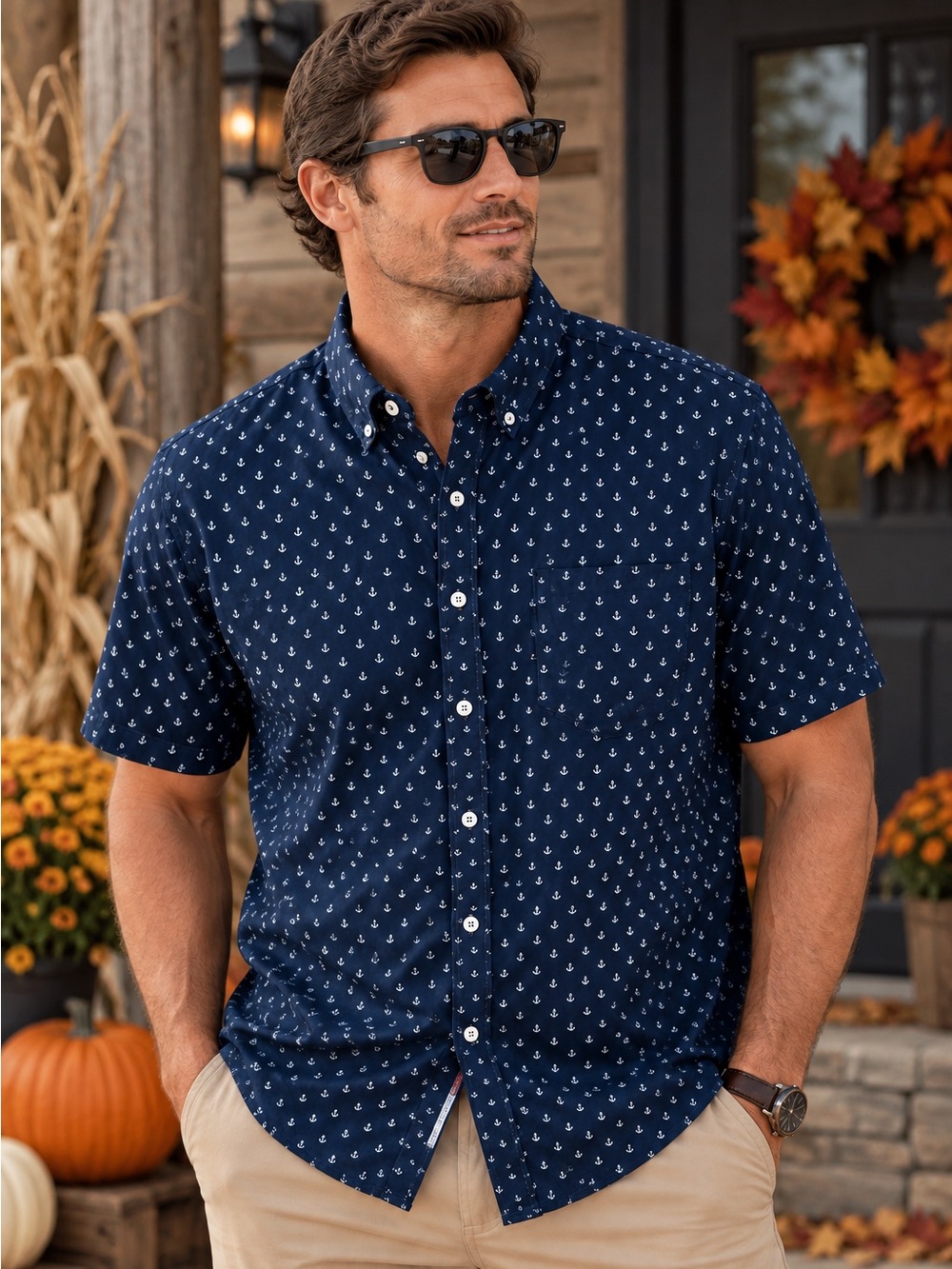 Short-Sleeve Navy Anchor Print Shirt International Report